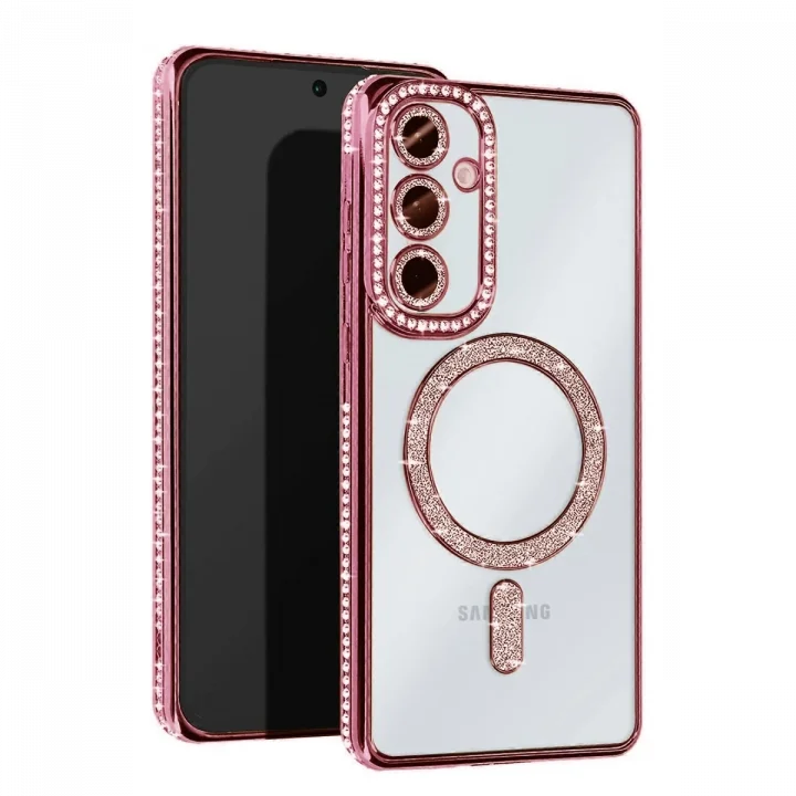 Mey İthalat®  Samsung Galaxy S25 Kılıf Joke Simli Magneticsafe Kılıf - Pembe