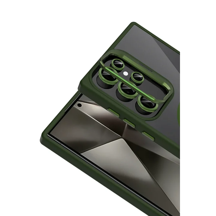 Mey İthalat®  Samsung Galaxy S25 Ultra Remim Lensli Magsafe Standlı Kapak - Koyu Yeşil
