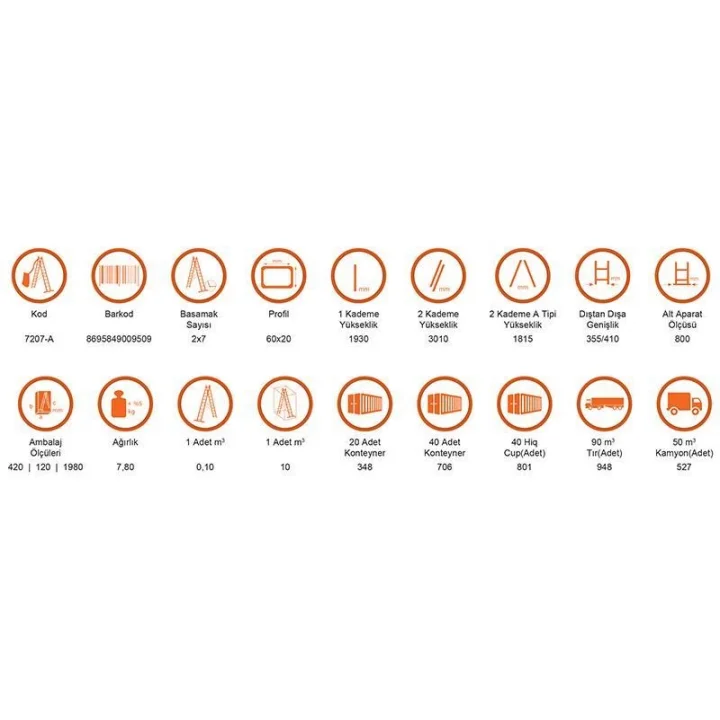 Mey İthalat® Saraylı 2X7 A Tipi Sürgülü Merdiven 3,86 Metre