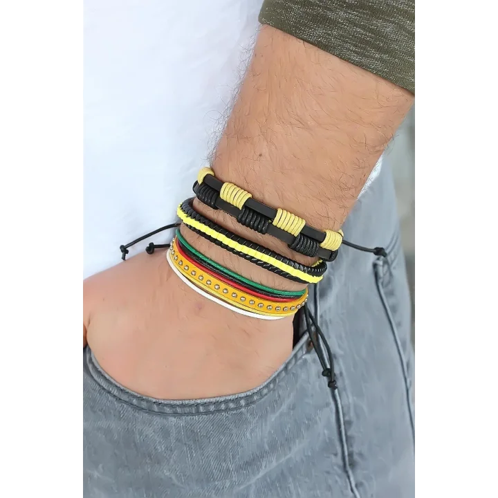 Mey İthalat® Sarı Renk Zımbalı Deri Erkek Bileklik Kombini