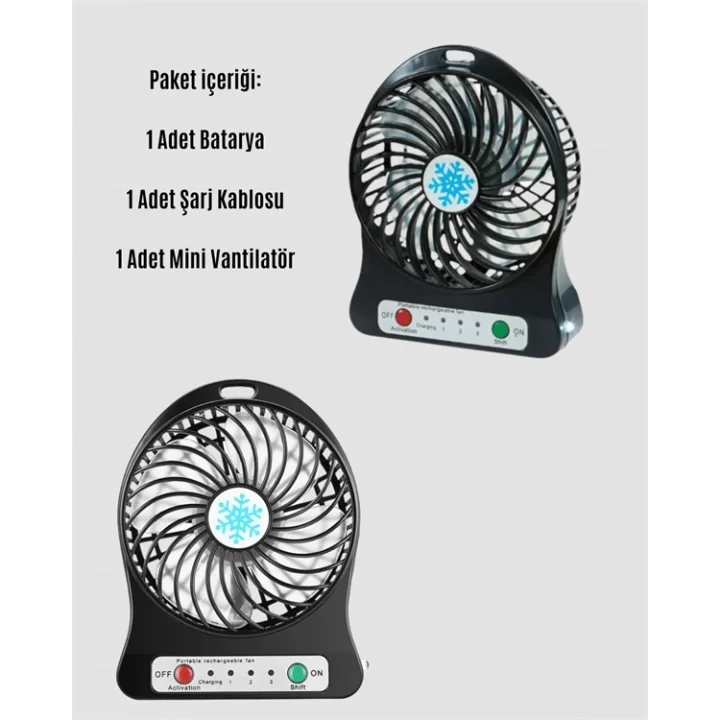 Mey İthalat® Şarjlı USB Fan – Masaüstü Mini Vantilatör, Taşınabilir, Işıklı, 3 Kademeli, Sessiz