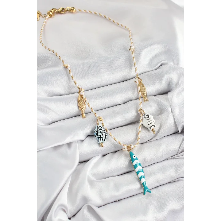 Mey İthalat® Seramik Motifli Balık Figürlü Model Krem İp Kadın Kolye