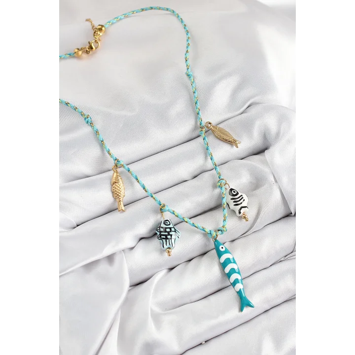 Mey İthalat® Seramik Motifli Balık Figürlü Model Mavi İp Kadın Kolye