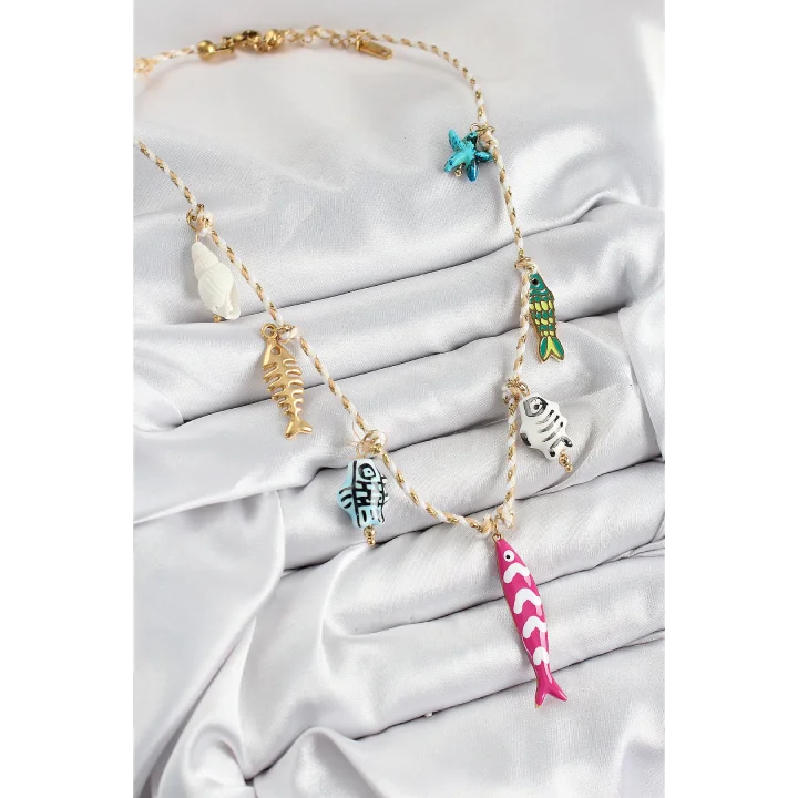 Mey İthalat® Seramik Motifli Pembe Balık Figürlü Model Krem İp Kadın Kolye