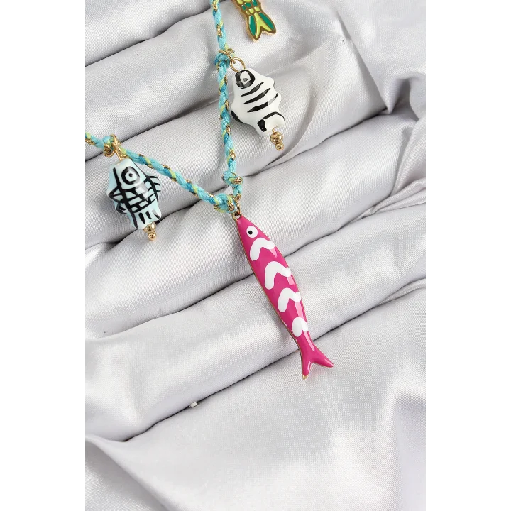 Mey İthalat® Seramik Motifli Pembe Balık Figürlü Model Mavi İp Kadın Kolye