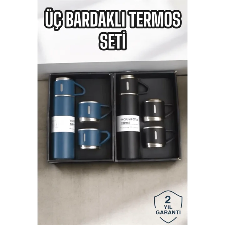 Mey İthalat® Şık ve Dayanıklı 3 Bardaklı Termos Seti Uzun Süre Isı Koruma Özellikli