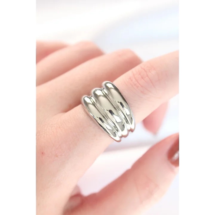 Mey İthalat® Silver Renk Ayarlanabilir Çizgili Bombe Yüzük