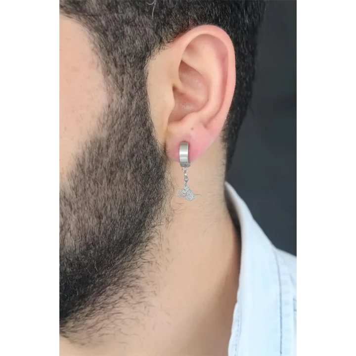 Mey İthalat® Silver Renk Kaplama Osmanlı Tuğra Figürlü Kıstırmalı Çelik Erkek Küpe