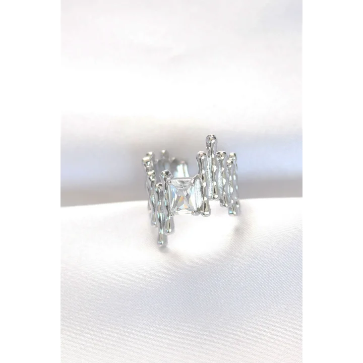 Mey İthalat® Silver Renk Tırtıklı Kalın Baget Taş Tasarım Ayarlanabilir Yüzük