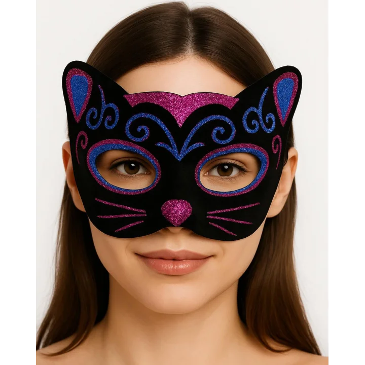 Mey İthalat® Siyah Kadife Kaplama Üzeri Pembe Mavi Sim İşlemeli Kedi Maskesi 20x13 cm