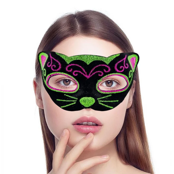 Mey İthalat® Siyah Kadife Kaplama Üzeri Pembe Yeşil Sim İşlemeli Kedi Maskesi 20x13 cm