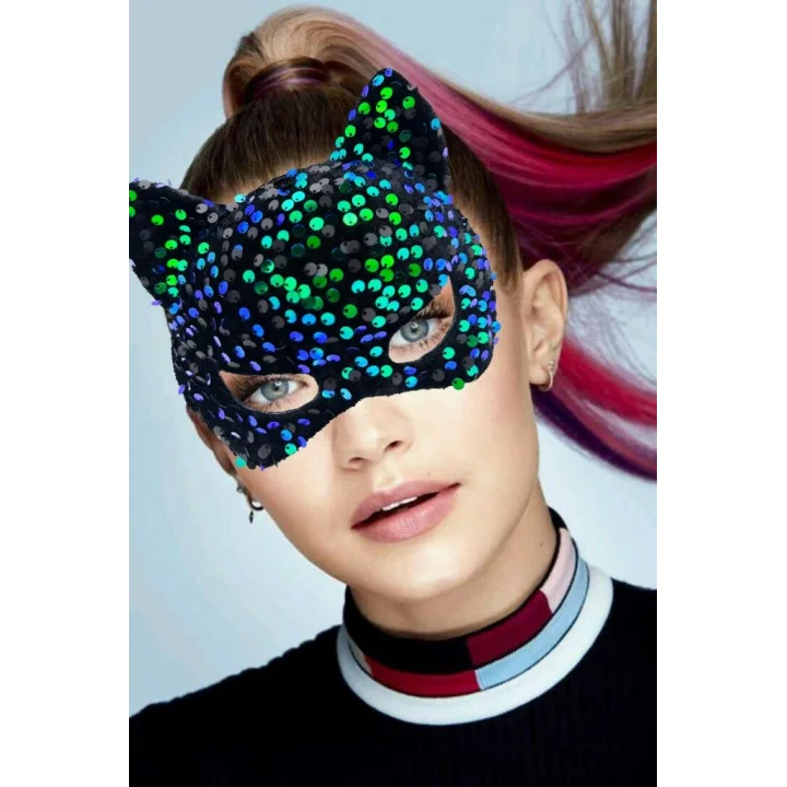 Mey İthalat® Siyah Kadife Kumaş Üzerine Mavi Yeşilli Payetli Pullu Parti Maskesi 16x14 cm