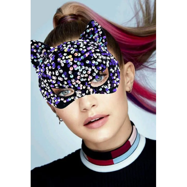 Mey İthalat® Siyah Kadife Kumaş Üzerine Mor Beyaz Payetli Pullu Parti Maskesi 16x14 cm