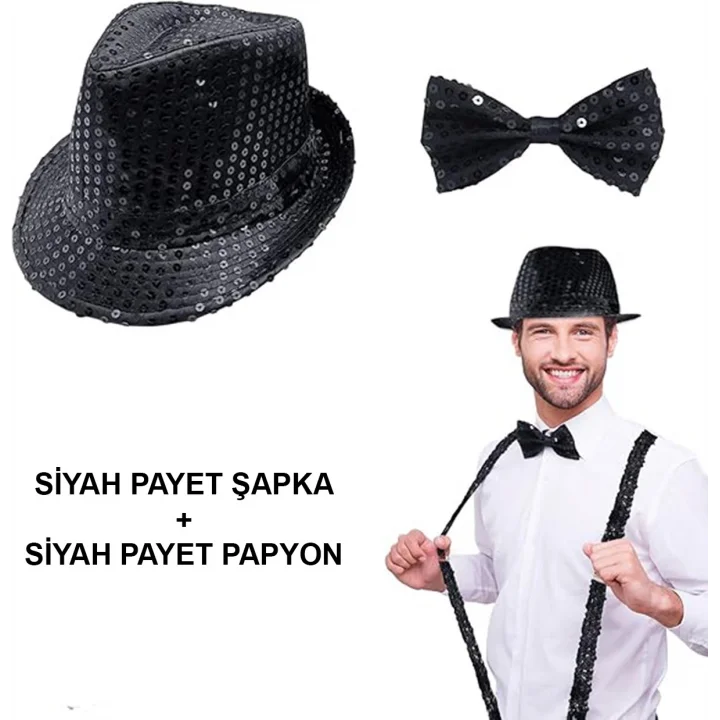 Mey İthalat® Siyah Payetli Şapka ve Papyon Seti – Parıltılı Yetişkin Kostüm Seti