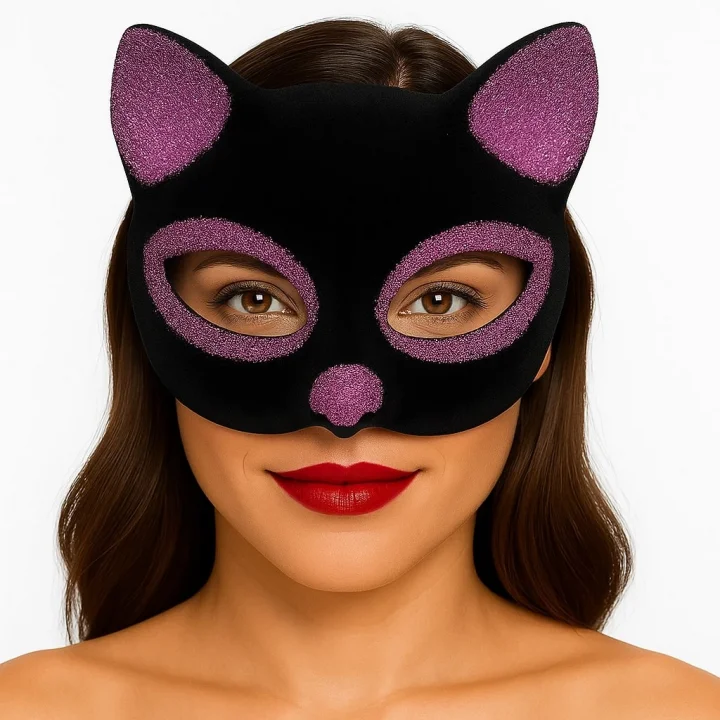 Mey İthalat® Siyah Renk Pembe Simli Süet Kedi Maskesi 18x14 cm