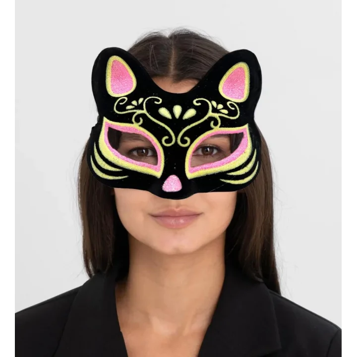 Mey İthalat® Siyah Renk Süet Kaplama Üzeri Pembe Sarı Simli Kedi Maskesi 17x14 cm