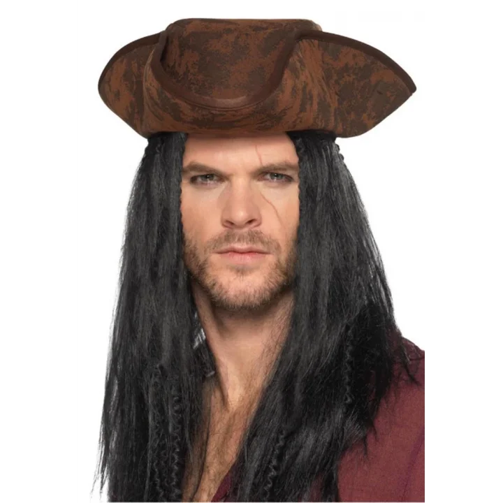 Mey İthalat® Siyah Saçlı Kaptan Korsan Şapkası