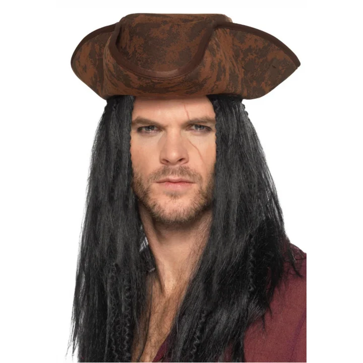 Mey İthalat® Siyah Saçlı Kaptan Korsan Şapkası