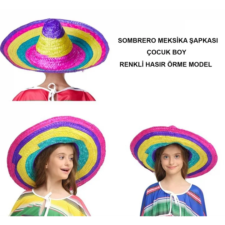 Mey İthalat® Sombrero Meksika Şapkası Renkli Örme Hasır Çocuk Boy