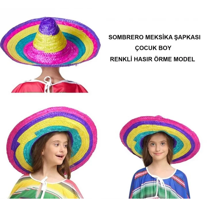 Mey İthalat®  Sombrero Meksikaa Şapkası Renkli Örme Hasır Çocuk Boy