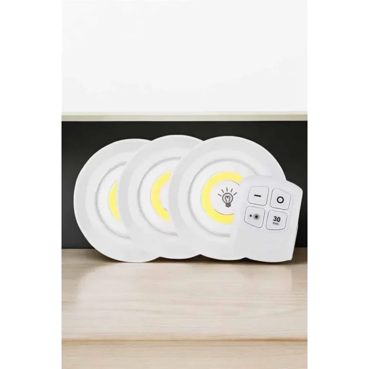 Mey İthalat® Spot Lamba Led Işık 3lü Uzaktan Kumandalı Pilli Yapışkanlı Kablosuz