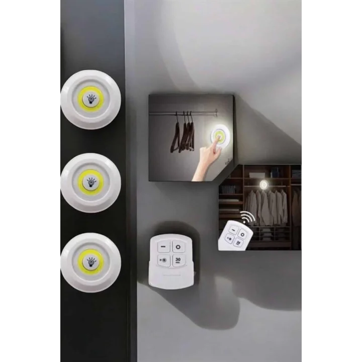 Mey İthalat® Spot Lamba Led Işık 3lü Uzaktan Kumandalı Pilli Yapışkanlı Kablosuz