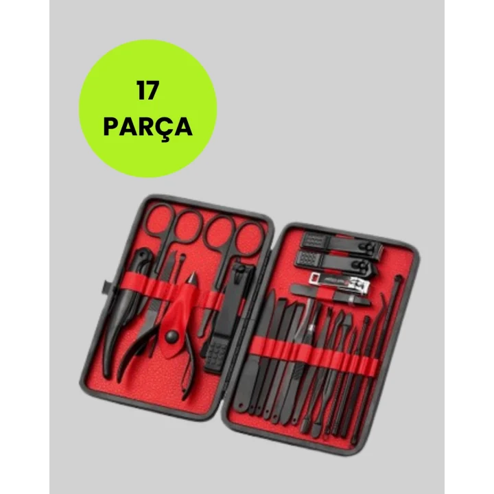 Mey İthalat® Taşınabilir Deri Kutulu 17 Parça Manikür Seti