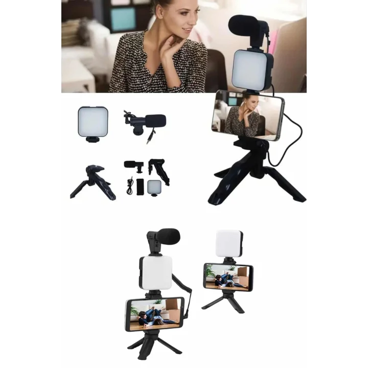 Mey İthalat® Telefon Tutucu Mikrofonlu Işıklı Youtuber Video Kayıt