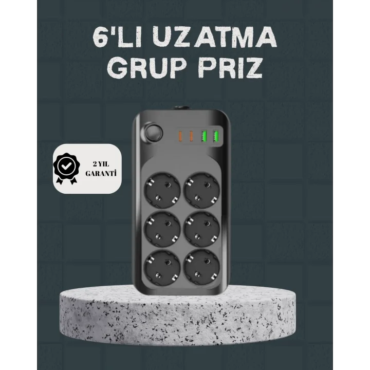 Mey İthalat® Termal Akım Korumalı 6’lı Uzatma Priz USB Type-C Hızlı Şarj 2500W