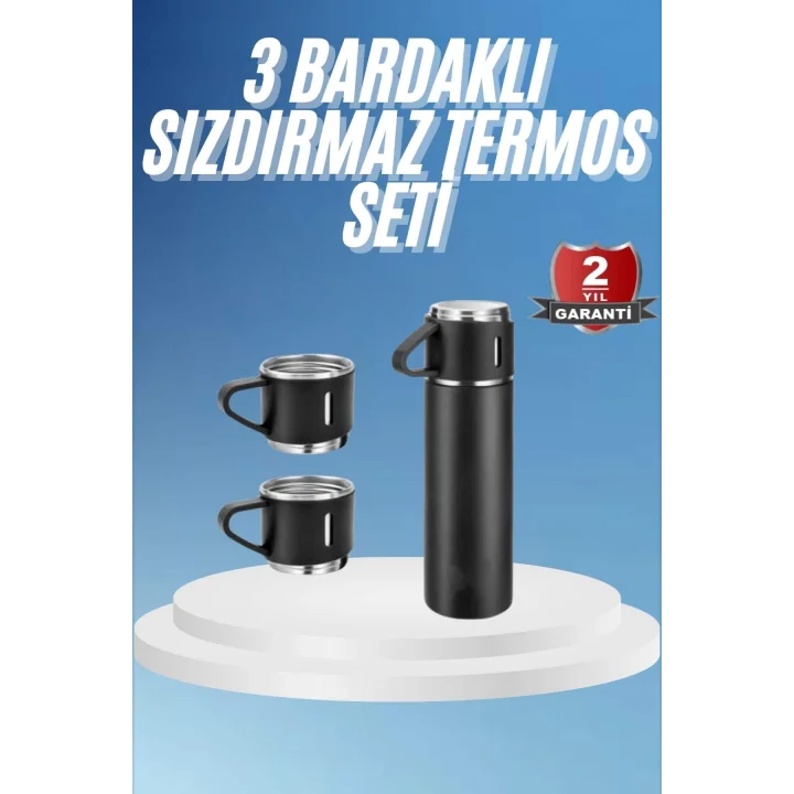 Mey İthalat® Termos Paslanmaz Çelik Termos Siyah Renk 3 Bardaklı Termos Seti