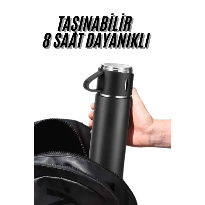 Mey İthalat® Termos Seti 3lü Bardak Seti Isı Dayanıklı Siyah Paslanmaz Çelik Vakumlu