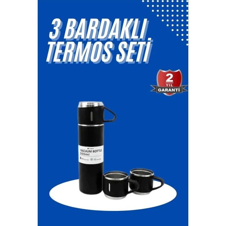 Mey İthalat® Termos Seti 3lü Bardak Seti Isı Dayanıklı Siyah Paslanmaz Çelik Vakumlu