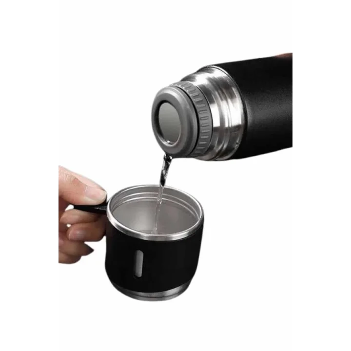 Mey İthalat® Termos Seti 3lü Bardak Seti Isı Dayanıklı Siyah Paslanmaz Çelik Vakumlu