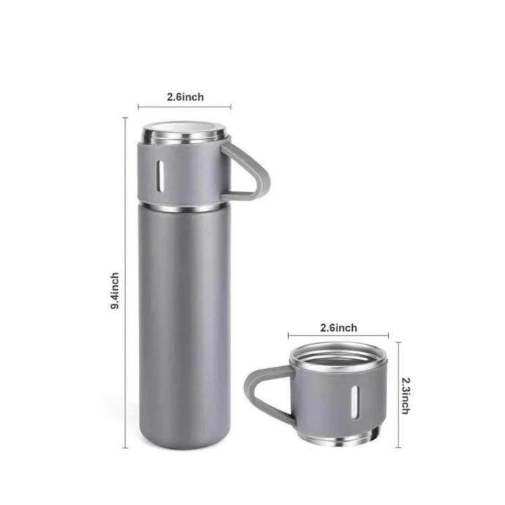 Mey İthalat® Termos Seti Paslanmaz Çelik 3 Bardaklı Vakumlu Termos Set 500 Ml 12 Saate Kadar Isı Koruma
