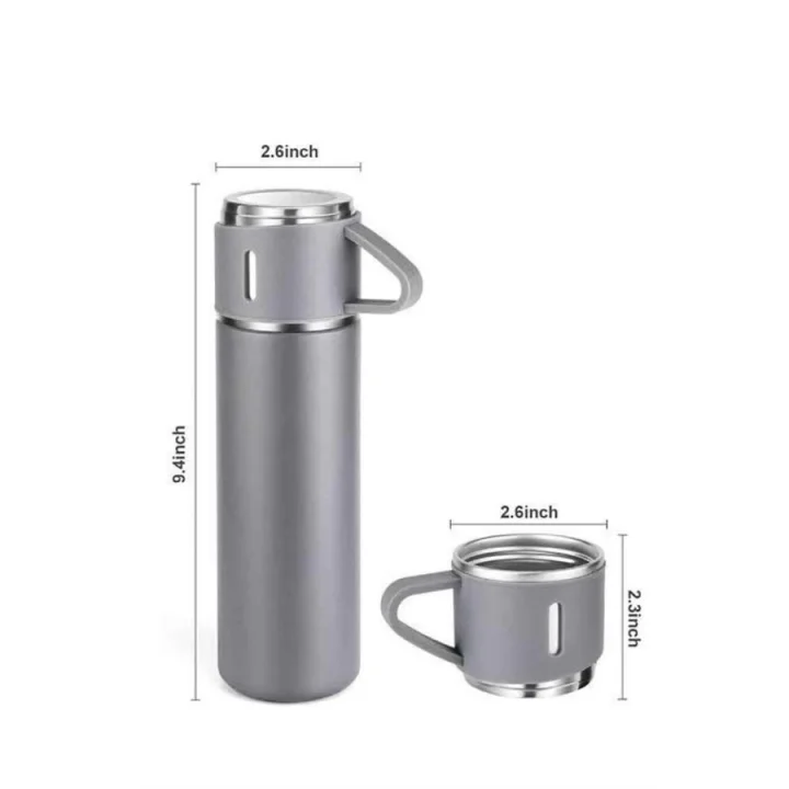 Mey İthalat® Termos Seti Paslanmaz Çelik 3 Bardaklı Vakumlu Termos Set 500 Ml 12 Saate Kadar Isı Koruma