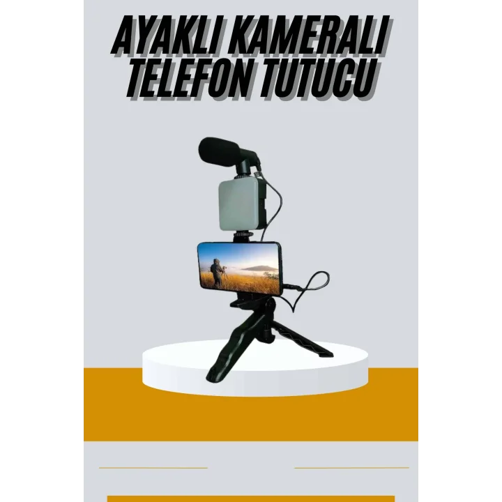 Mey İthalat® Tripod Telefon Tutucu Kumandalı Mikrofon Led Işık Vlog Video Kayıt