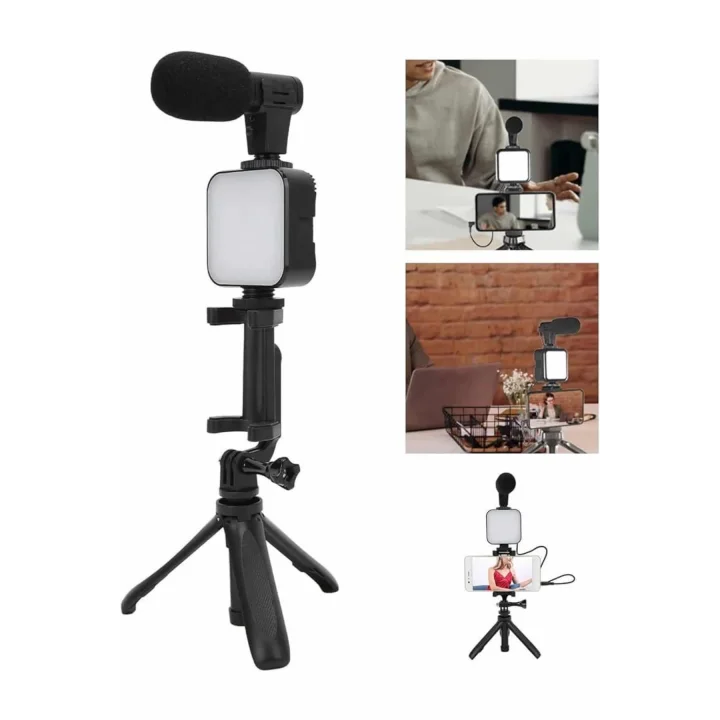 Mey İthalat® Tripod Telefon Tutucu Kumandalı Mikrofon Led Işık Vlog Video Kayıt