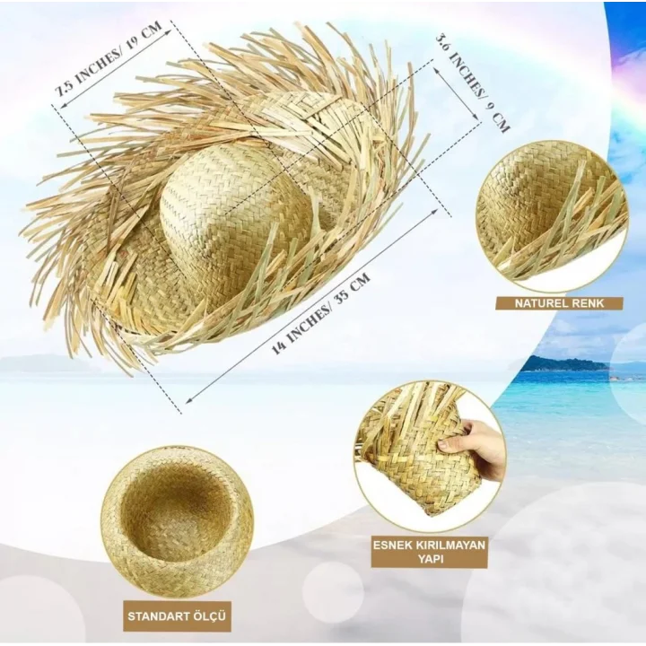 Mey İthalat® Tropikal Parti Naturel Hasır Hawaii Şapkası 13x36 cm