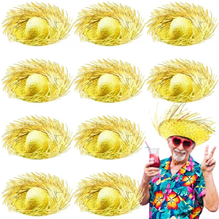 Mey İthalat® Tropikal Parti Sarı Hasır Hawaii Şapkası 13x36 cm