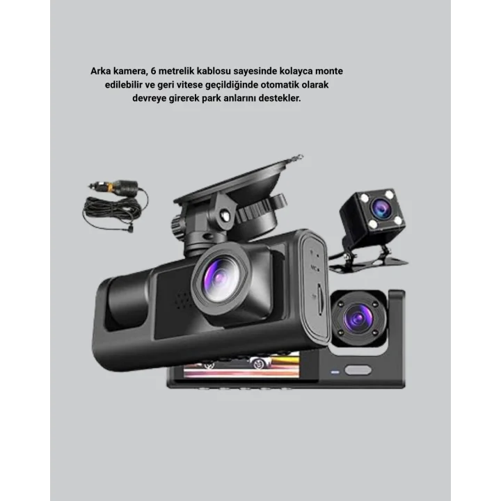 Mey İthalat® Üç Kameralı Araç DVR Full HD Gece Görüşlü ve 2 inç IPS Ekranlı