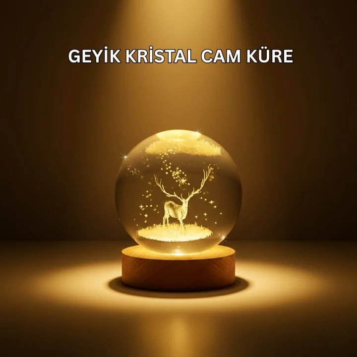 Mey İthalat® USB Bağlantılı Geyik Temalı Kristal Küre Premium Masa Gece Lambası