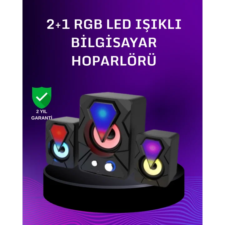 Mey İthalat® USB Bağlantılı RGB 2.1 Hoparlör Seti Derin Bas ve Renkli Işık