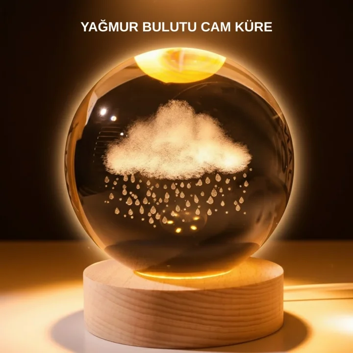 Mey İthalat® USB LED 3D Yağmur Bulutu Kristal Küre Sıcak Işıklı Ahşap Standlı Gece Lambası