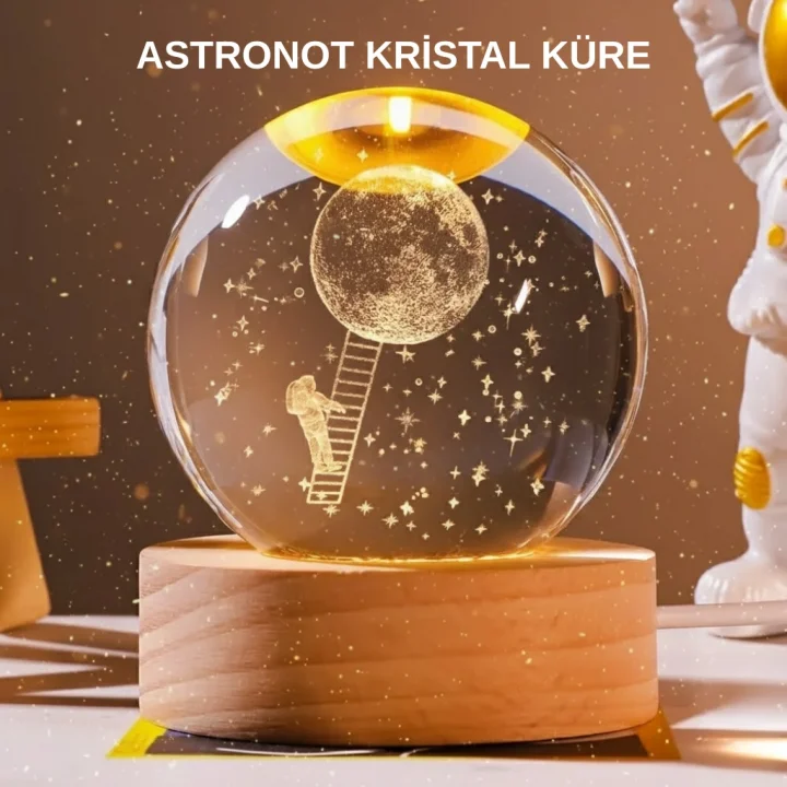 Mey İthalat® USB’li 3D Astronot Kristal Küre – Modern Uzay Temalı Gece Lambası