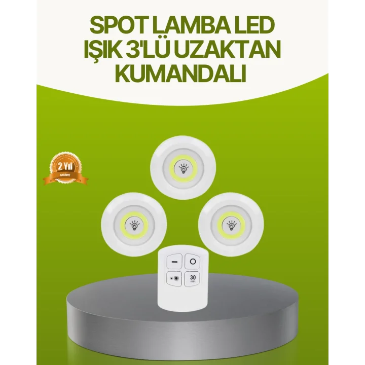 Mey İthalat® Uzaktan Kumandalı 3 Lü Kablosuz Led Spot Lamba Seti Yapışkanlı Pratik Kullanım
