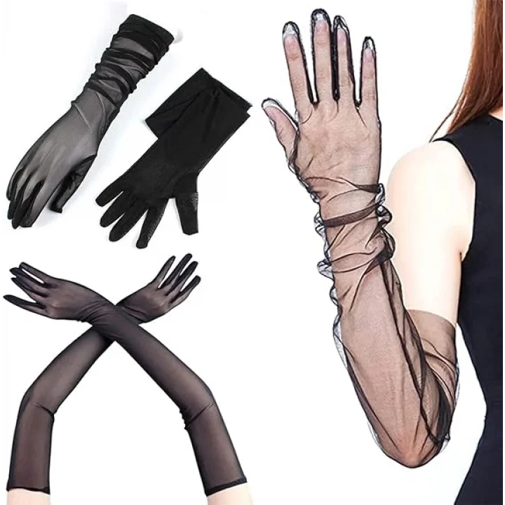 Mey İthalat® Uzun Boy Likralı Siyah Renk Yetişkin Mega Tül Eldiven 53 cm