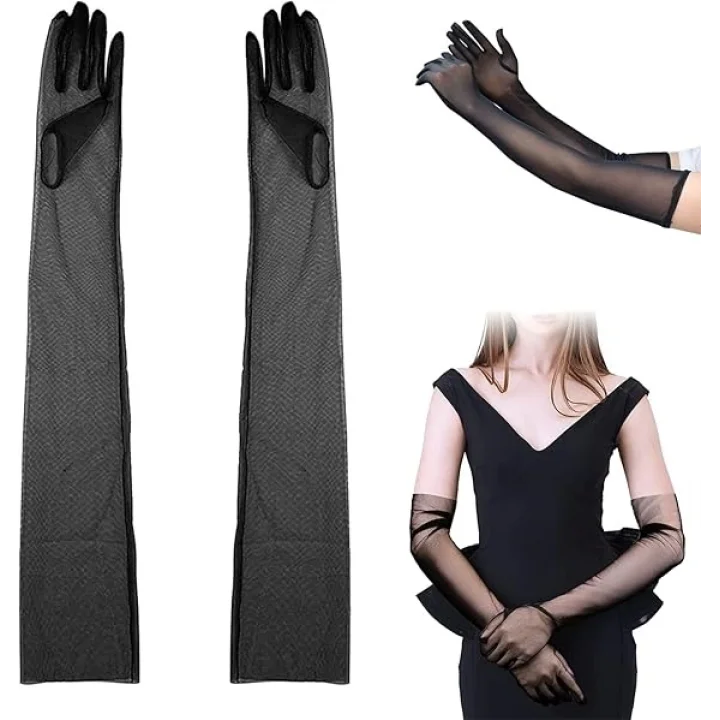 Mey İthalat® Uzun Boy Likralı Siyah Renk Yetişkin Mega Tül Eldiven 53 cm