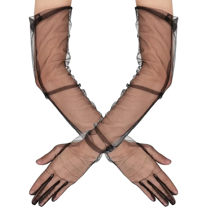 Mey İthalat® Uzun Boy Likralı Siyah Renk Yetişkin Mega Tül Eldiven 53 cm