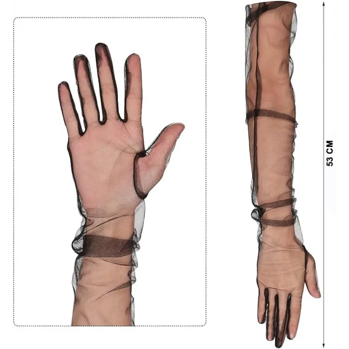 Mey İthalat® Uzun Boy Likralı Siyah Renk Yetişkin Mega Tül Eldiven 53 cm