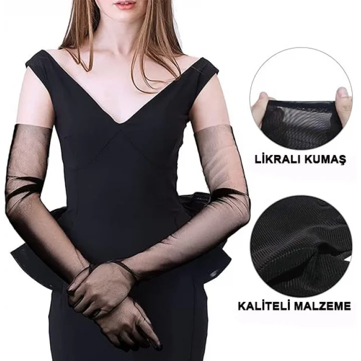 Mey İthalat® Uzun Boy Likralı Siyah Renk Yetişkin Mega Tül Eldiven 53 cm